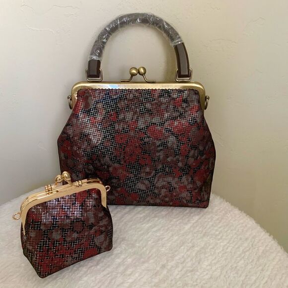 Handmade Genuine Sheepskin Floral Print, Wood Handle Bag & Small Clutch Set - Picture 2 of 16